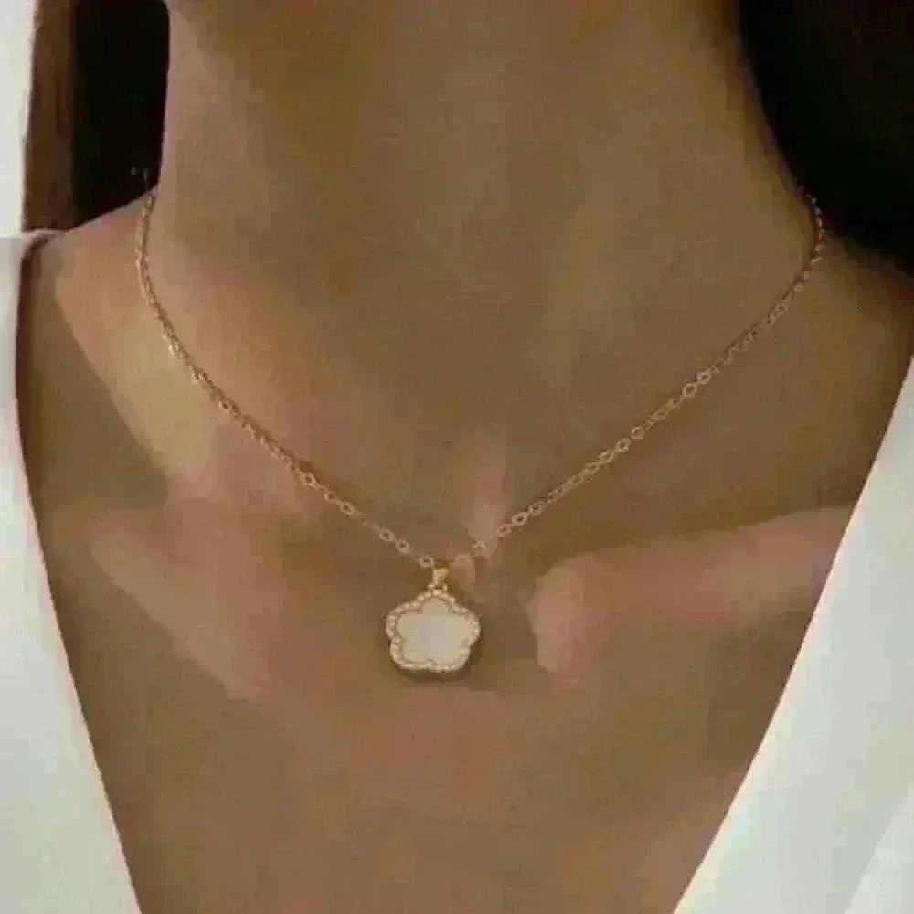White Mother of Pearl Clover Pendant on 18k Gold Filled Necklace